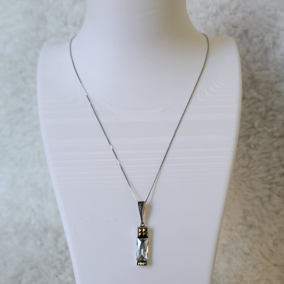 Sterling Silver 925 THAI Emerald Cut Cubic Zirconia Marcasites Necklace 18” - Picture 2 of 11